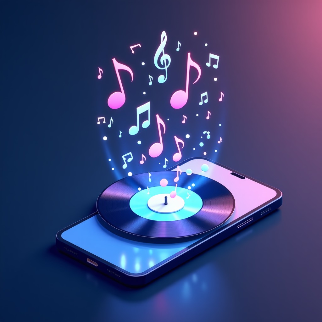 An artistic illustration representing the flow of music history into a digital smartphone. Musical notes and vinyl records transforming into digital stream waves. Deep blue and purple gradient background. 1:1