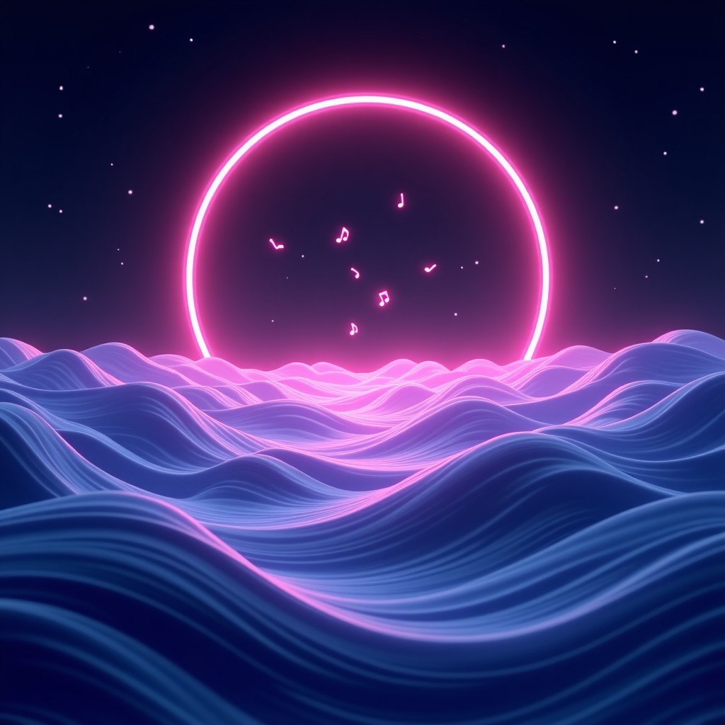 An abstract artistic rendering representing eternity and music. Glowing sound waves flowing into a dark void with floating musical notes. Deep purple and neon blue colors. Cinematic composition with a sense of vastness and mystery. 4:3