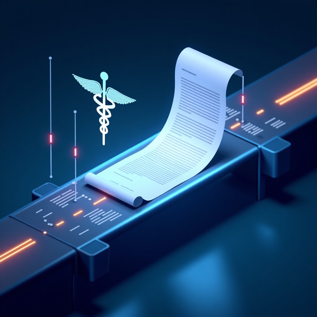Conceptual illustration of a digital bridge connecting a physical paper contract with a glowing AI data stream, healthcare symbols like a caduceus integrated subtly, sharp focus, professional lighting, 4:3