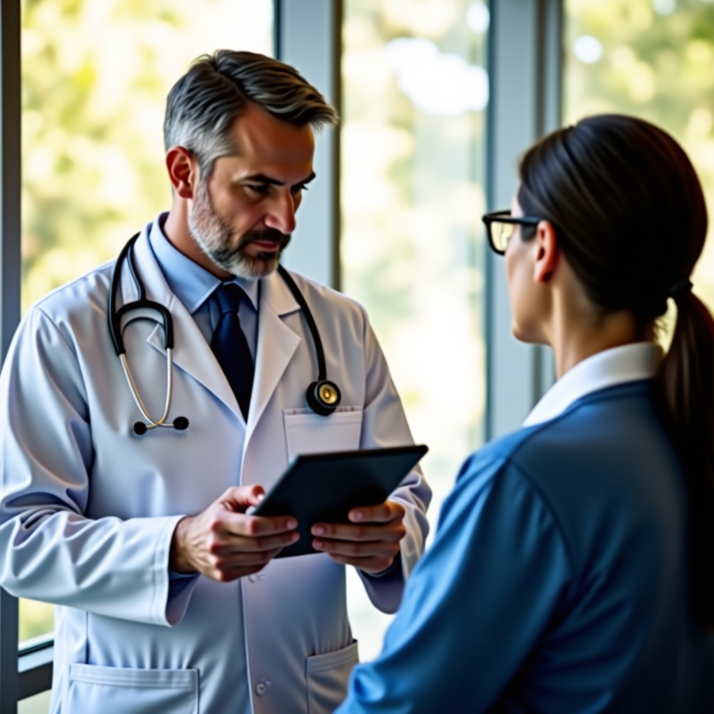 A professional medical setting showing a doctor in a white coat explaining something to a patient using a tablet, warm natural lighting, 4:3