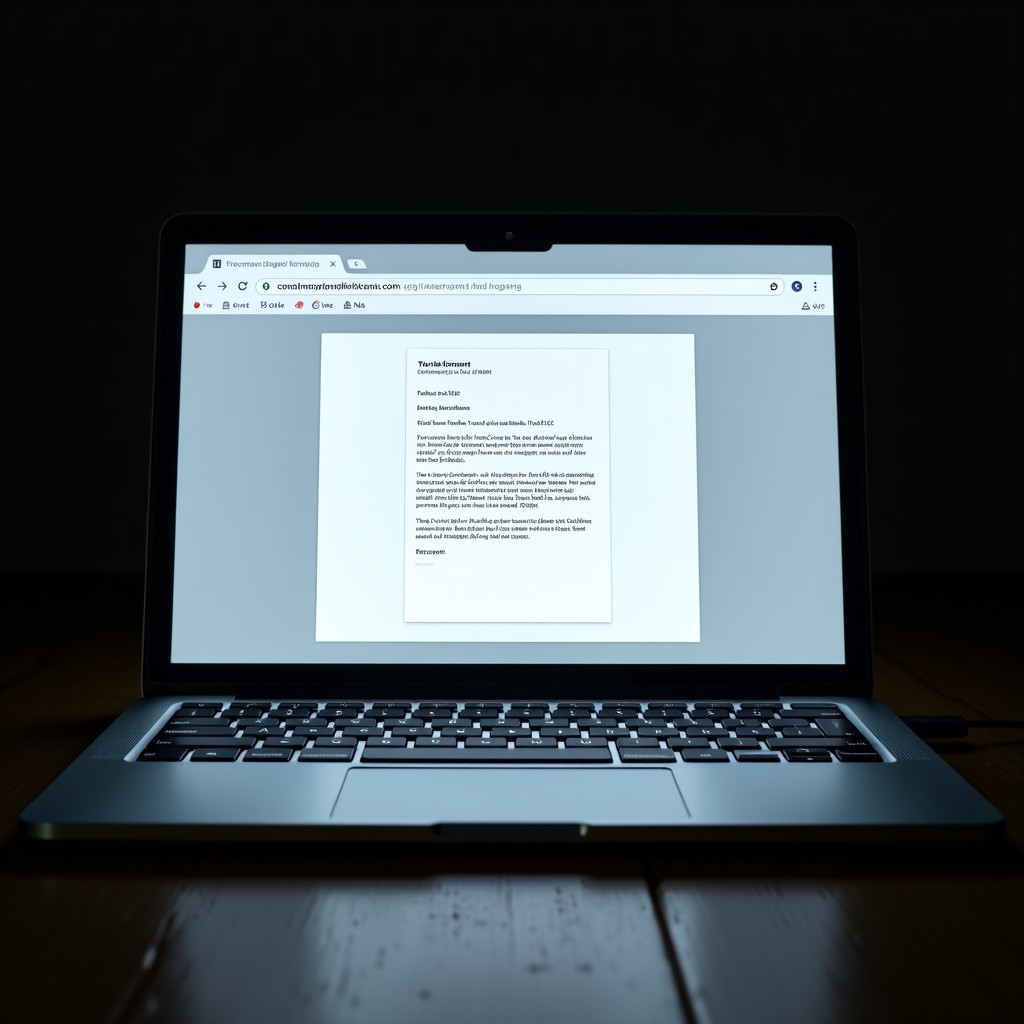 Realistic laptop screen showing a deceptive email interface with a document attachment, dramatic lighting, 4:3