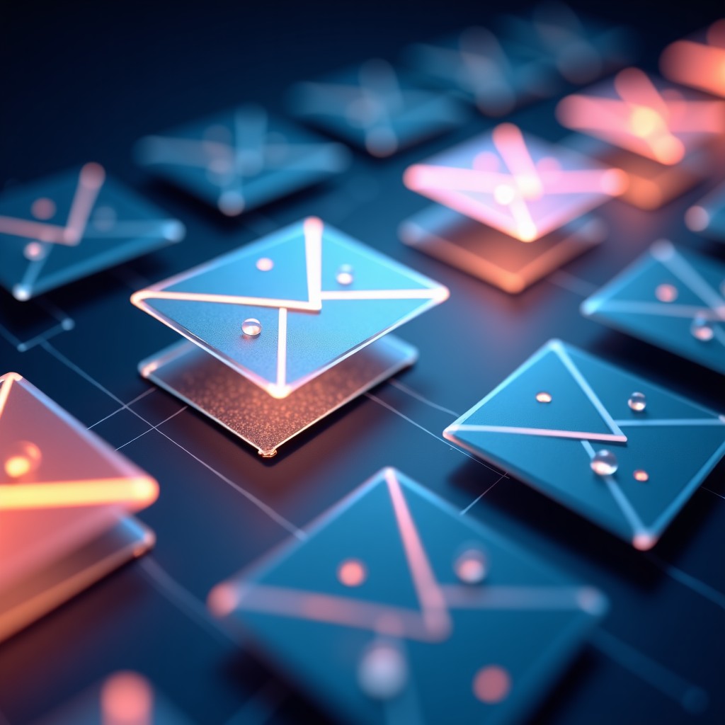 A sequence of digital envelopes transforming into organized presentation slides with charts and images. Clean high-tech aesthetic, vibrant colors, shallow depth of field. 4:3