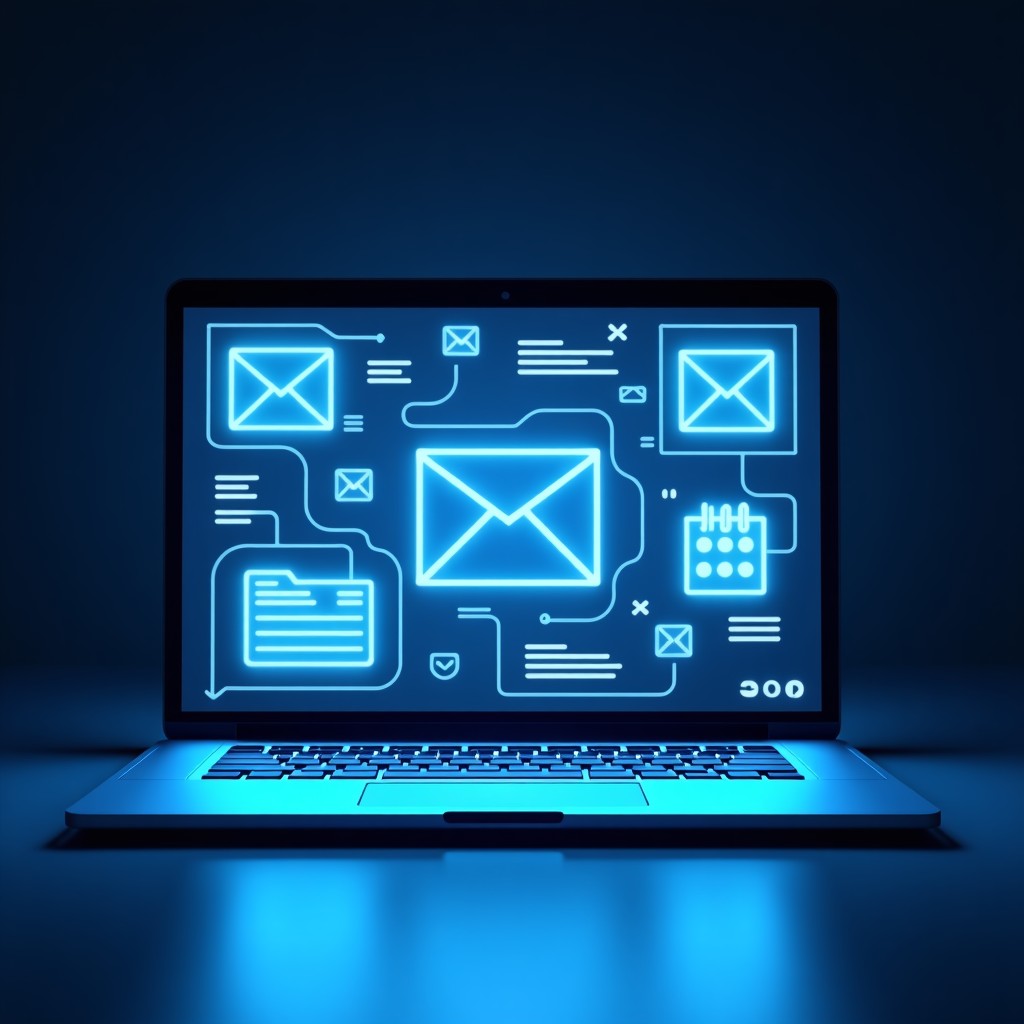 A professional digital assistant concept on a laptop screen showing email threads and calendar icons, futuristic and clean design, high quality, 4:3