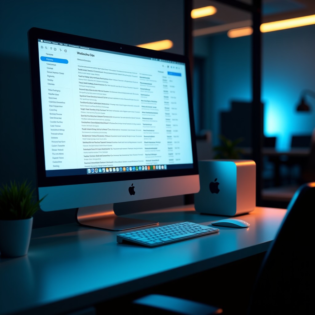 A professional workstation with a Mac Mini on a desk, a large monitor displaying a complex AI agent interface and an overflowing email inbox being processed rapidly, cinematic lighting, modern office setting, 4:3