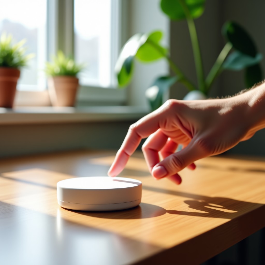 Close up shot of a hand pressing a minimal white smart home button on a wooden desk, natural morning light, clean and cozy interior, 4:3