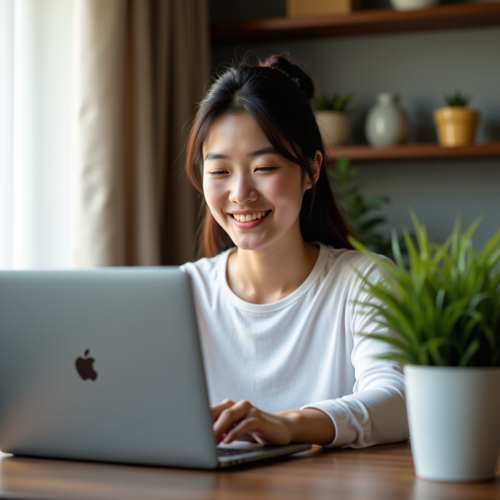 A Korean person looking at a laptop screen with a peaceful and satisfied expression in a cozy home office, soft natural lighting, lifestyle photography, 1:1