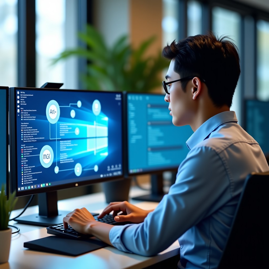 A Korean professional marketer sitting at a desk with multiple monitors, collaborating with a digital representation of an AI assistant. The AI is shown as a helpful interface overlaying the screen. Natural lighting, office setting, 4:3