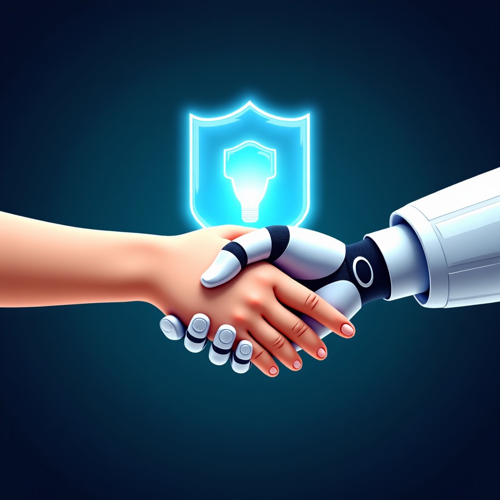 An artistic rendering of a human hand and a robotic hand shaking, with a transparent digital shield in the background, representing the harmony between tech and safety, detailed composition, vibrant colors, 4:3