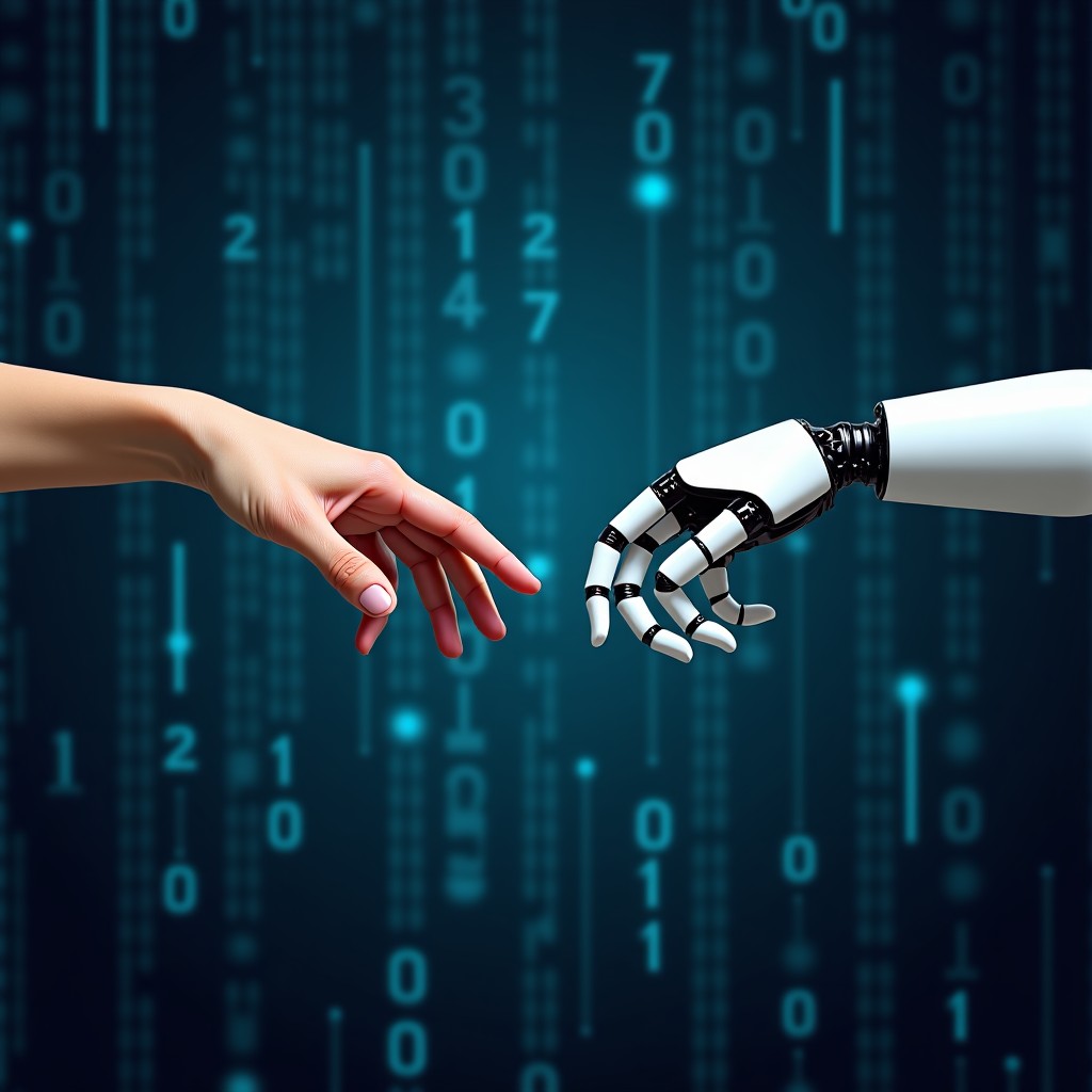 A symbolic representation of a human hand and a robotic hand reaching towards each other over a background of digital data streams. The image conveys the balance and tension between human labor and technology. High contrast and clean layout. 4:3