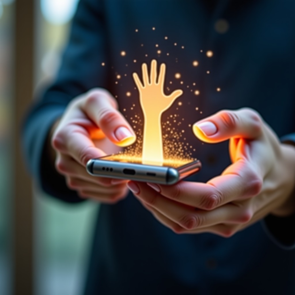 A close up of a human hand reaching out to touch a holographic digital hand emerging from a smartphone screen, soft warm lighting, detailed skin texture and digital particles, 4:3