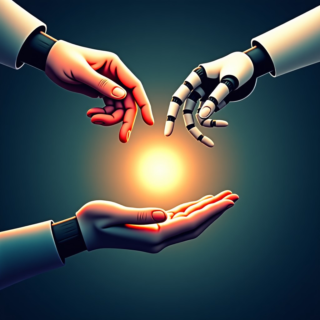 Abstract art of a human hand and a robotic hand reaching towards a glowing core of light representing balance and future coexistence. 1:1