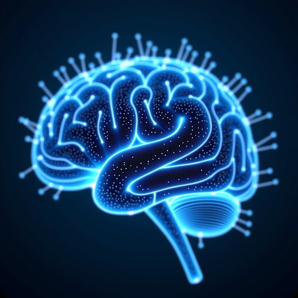 Visualizing artificial neural networks with glowing nodes that resemble biological brain structures in a deep blue space 4:3