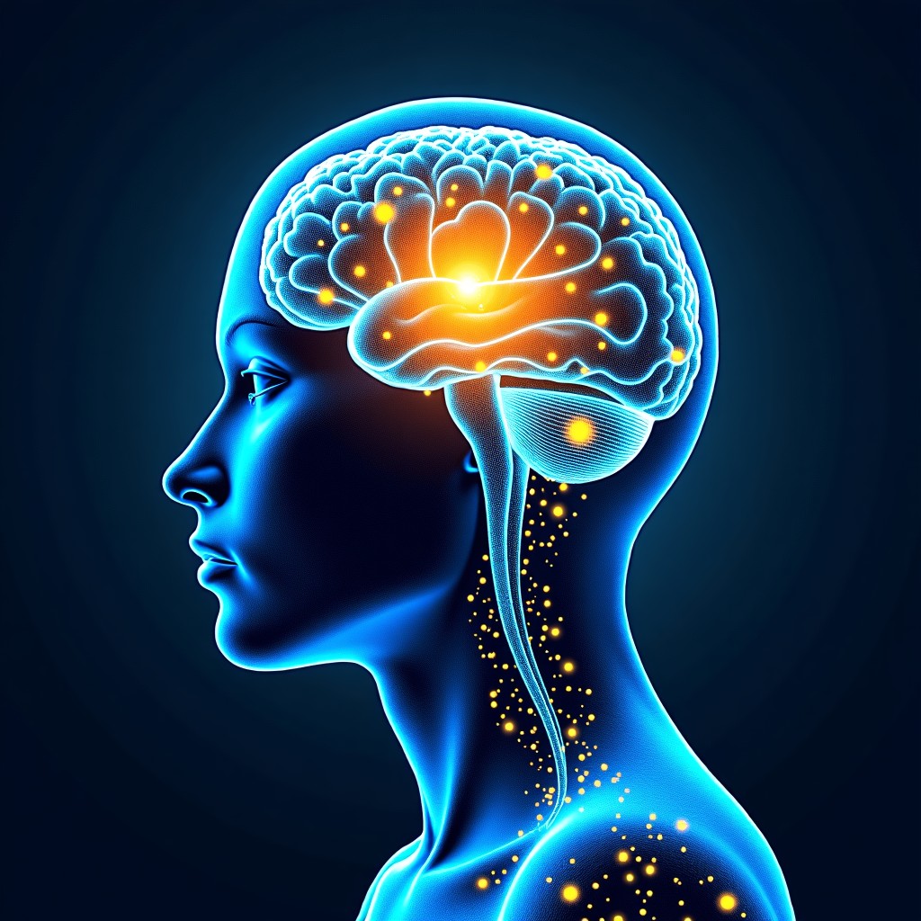 An artistic illustration showing the connection between a glowing human brain and complex digital neural network patterns. The image uses vibrant blue and gold colors to represent intelligence and data flow. Textured background with a mix of organic and geometric shapes 4:3