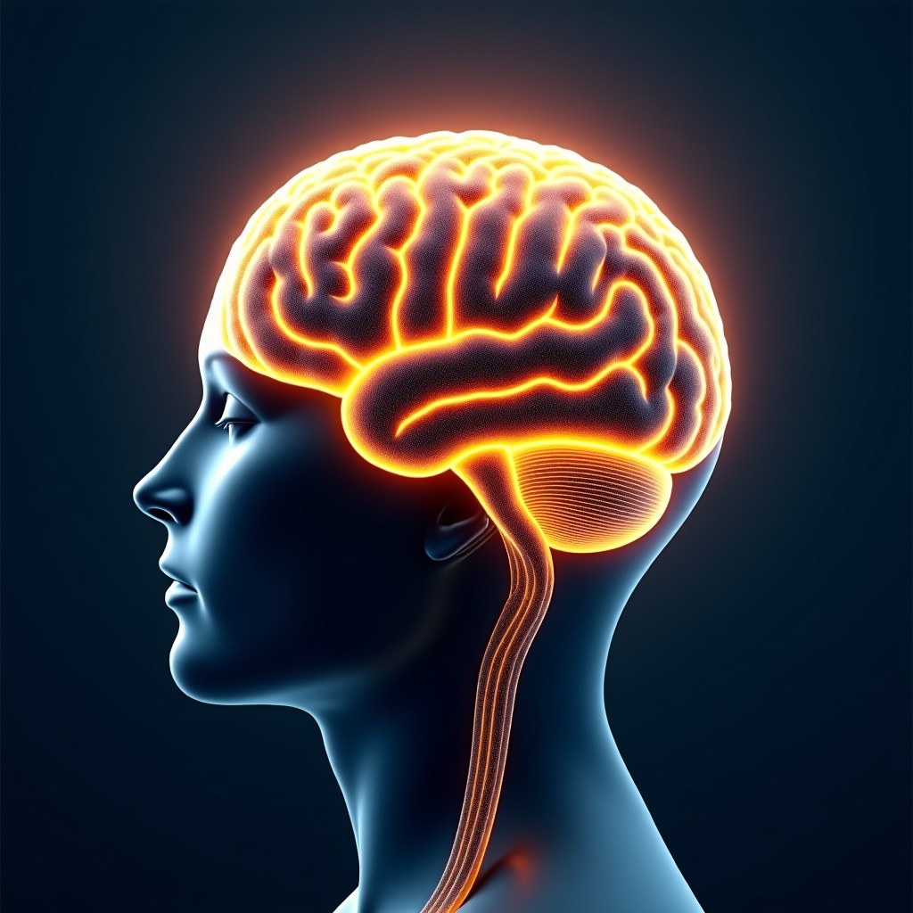 A creative illustration showing a human brain glowing with golden light, partially integrated with intricate silver circuit patterns and microchips, dark background with subtle blue gradients, artistic rendering, 4:3