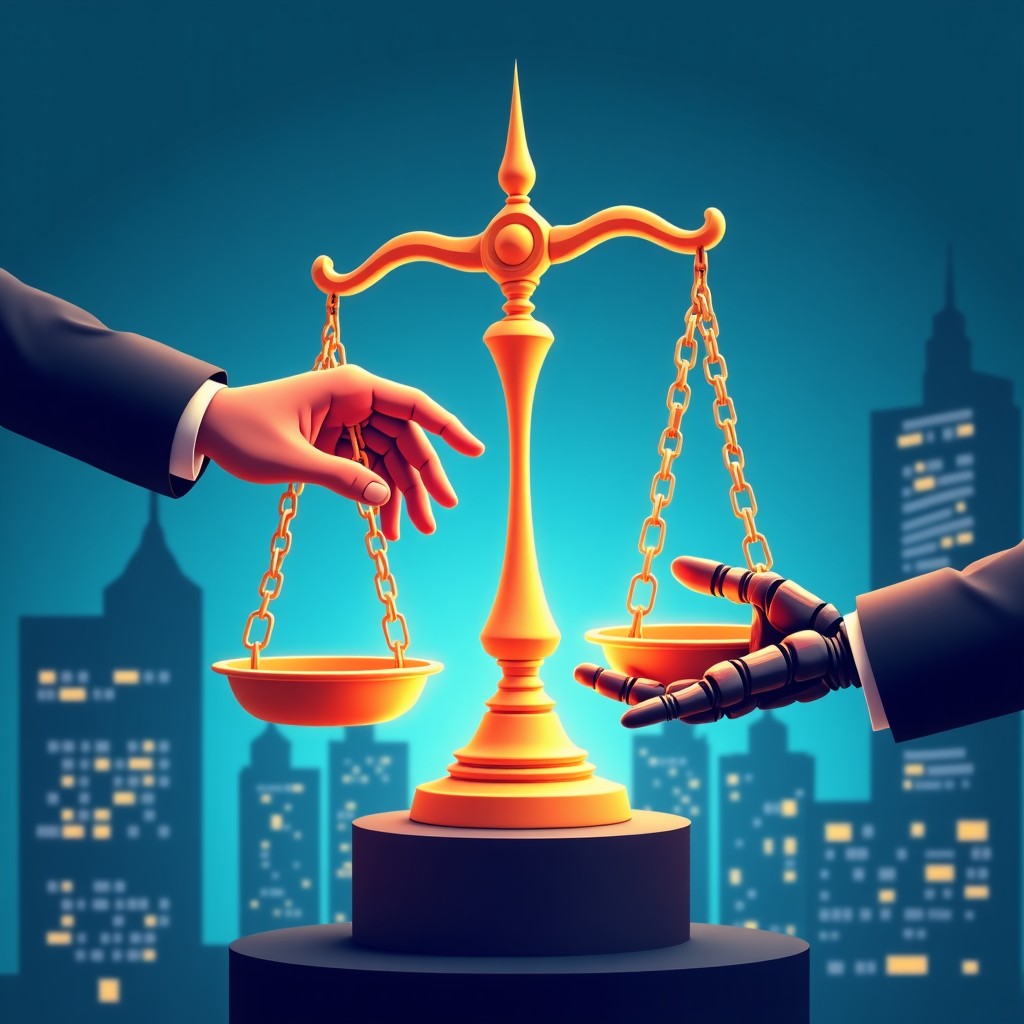 A conceptual illustration of a human hand and a robotic hand reaching towards each other to balance a glowing scales of justice in front of a futuristic city background. 4:3