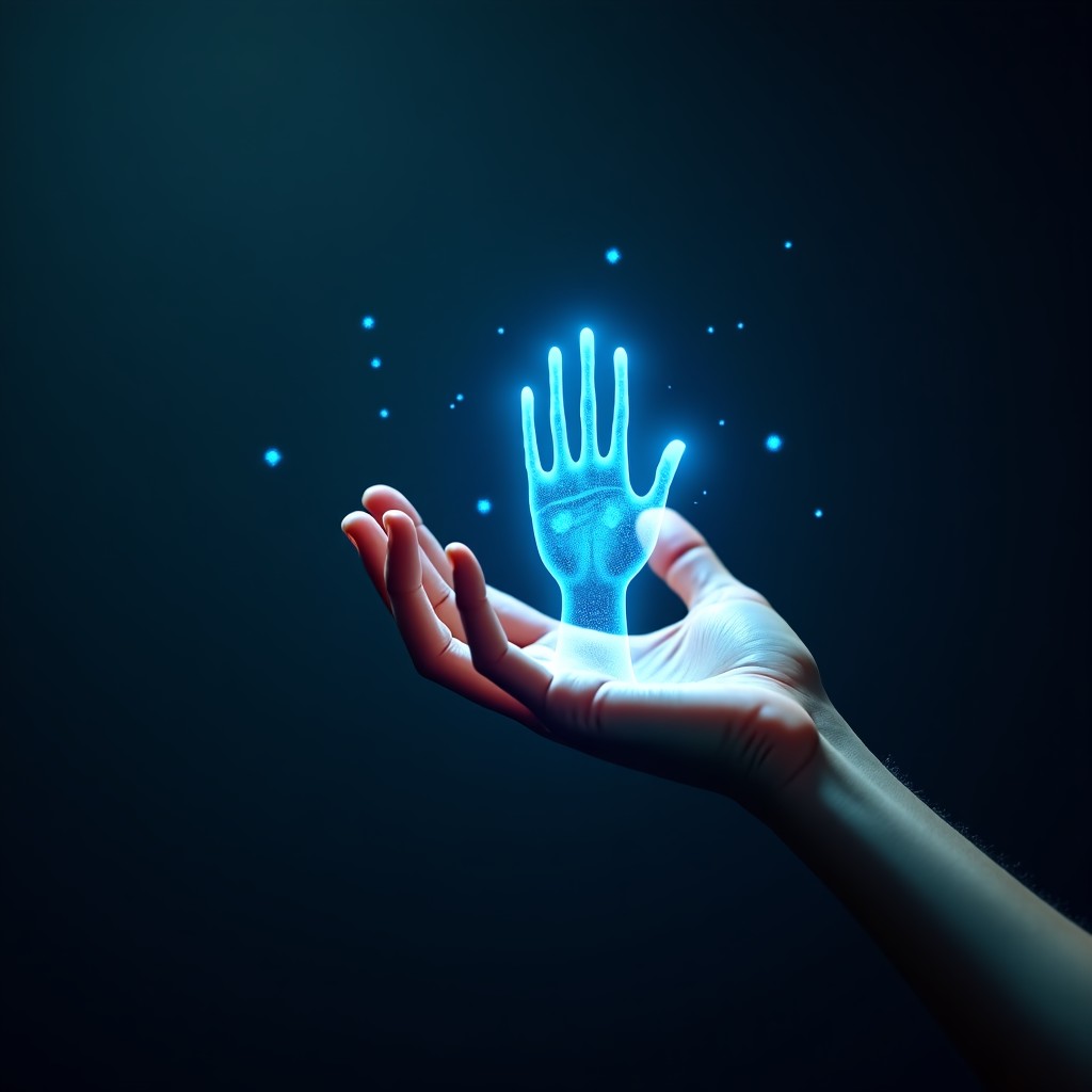 A human hand reaching out to touch a shimmering blue holographic hand representing artificial intelligence, dark background with subtle light particles, artistic and emotional atmosphere, 4:3