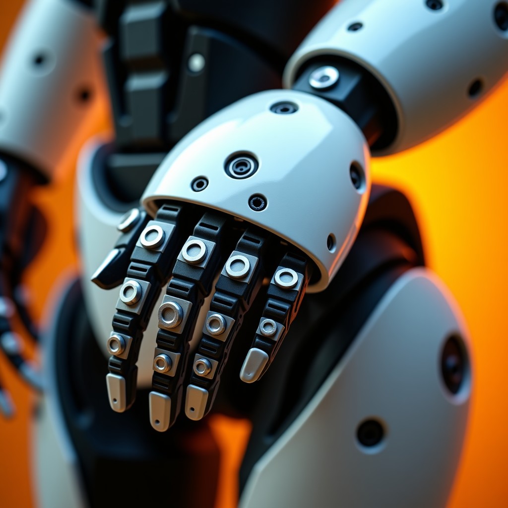 Close-up of a humanoid robot hand and forearm showing complex internal gears and sensors, warm ambient lighting focusing on the intricate mechanical texture, 4:3, no text.