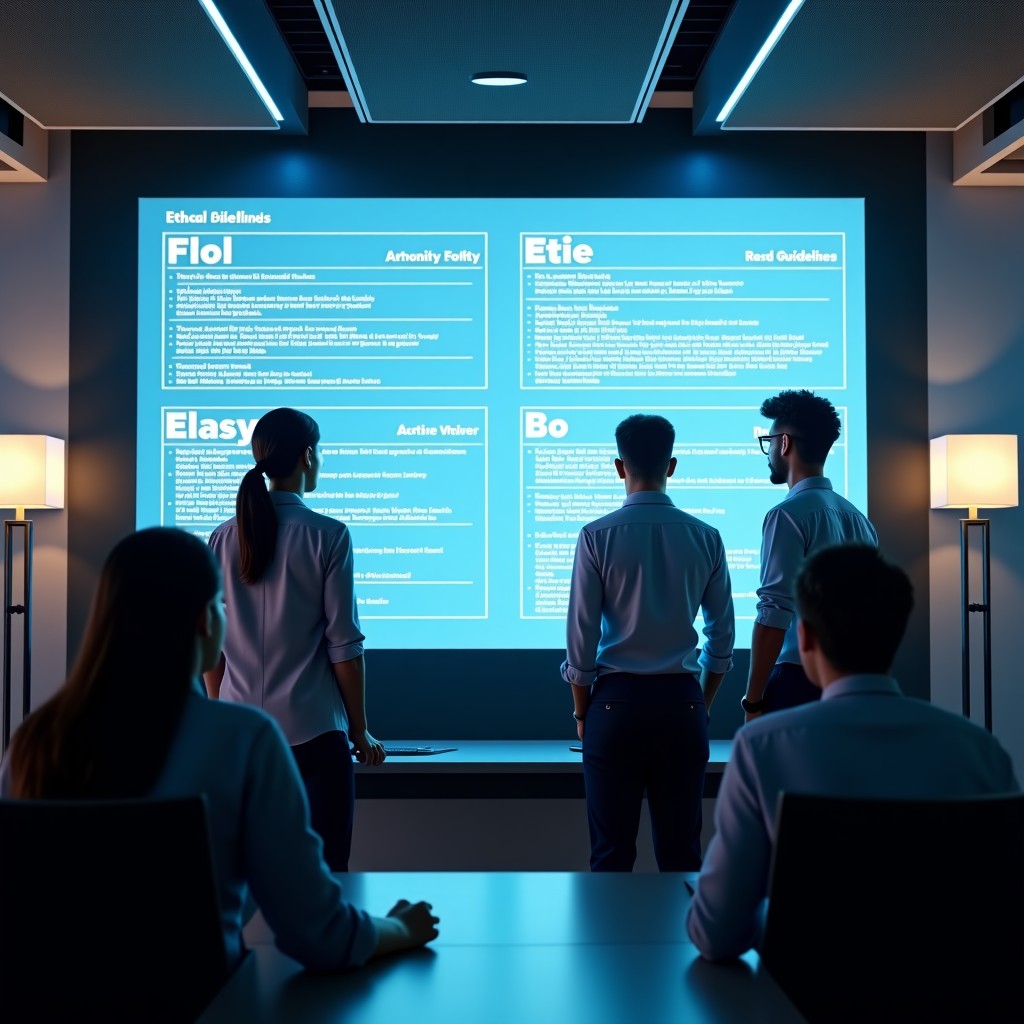 A futuristic office setting with diverse AI developers looking at a large holographic screen showing ethical guidelines and red lines. Realistic photography, natural lighting, high contrast, focused expressions. 4:3