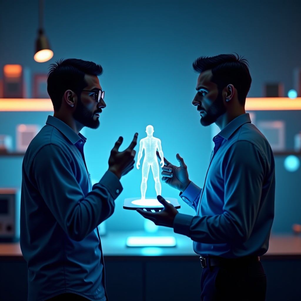 Two diverse tech professionals in a heated but professional discussion over a holographic AI model in a dimly lit laboratory. Blue and orange ambient lighting. High-tech equipment in the background. 4:3