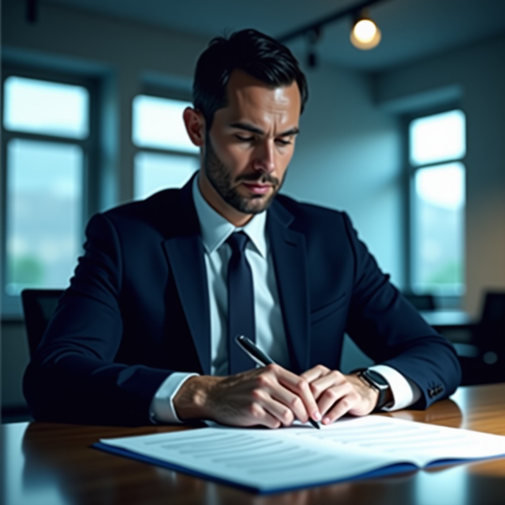 A professional politician reviewing digital AI policy documents in a modern office, cinematic lighting, realistic style, 4:3