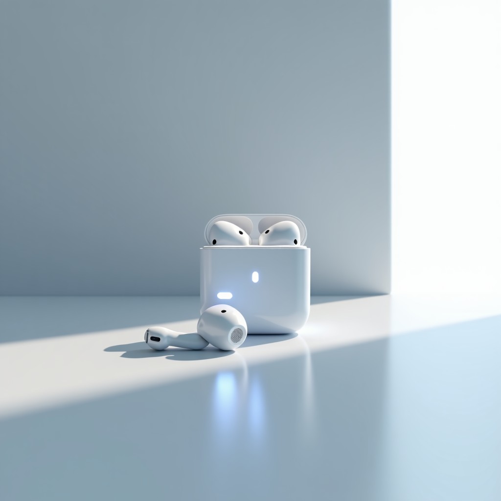 Detailed shot of sleek white wireless earbuds with subtle metallic accents, glowing softly to indicate AI activation, floating in a clean aesthetic space, futuristic atmosphere, no text, 4:3
