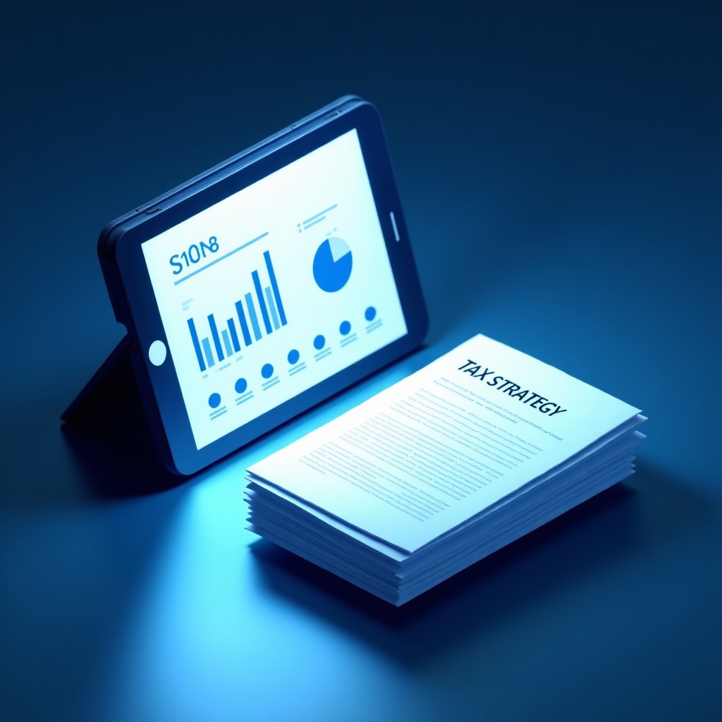 A clean and modern infographic showing a tablet displaying a tax strategy dashboard with AI icons. Next to the tablet is a neat stack of financial documents being scanned by a soft blue light. High contrast, professional lighting. 1:1