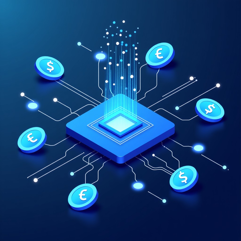 A high-tech digital interface showing rapid financial settlement processes. Abstract representations of coins and data packets flowing through an AI processor. Clean infographic style, 1:1