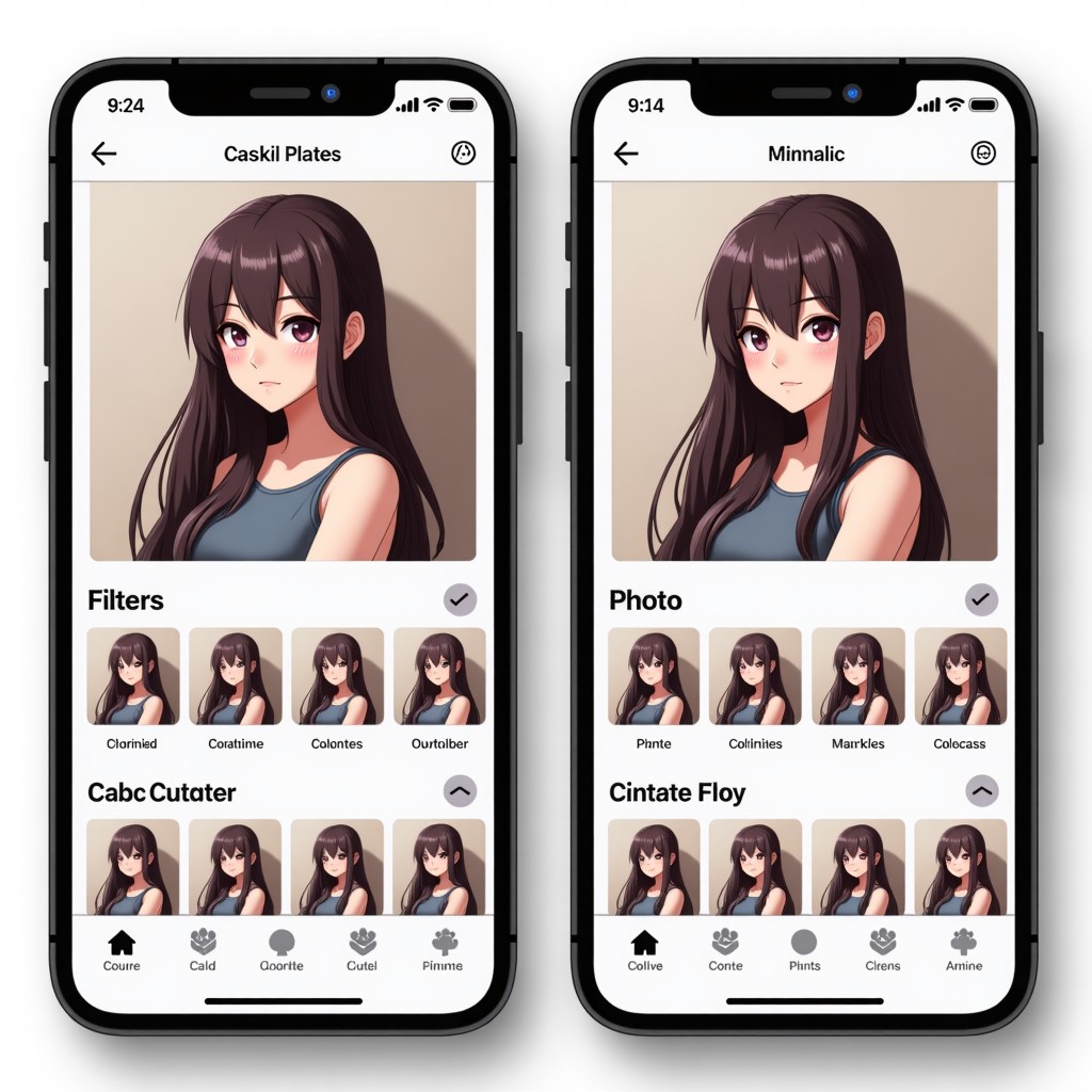 A high-resolution UI design showing multiple artistic filter options such as anime style and digital painting for photo editing on a mobile app 4:3
