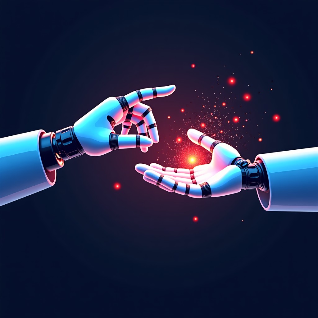A high-contrast conceptual illustration showing a human hand and a robotic arm made of light particles reaching towards each other to create a colorful digital art piece. The background is a dark studio with subtle blueprints of marketing campaigns. Modern and artistic style. 1:1