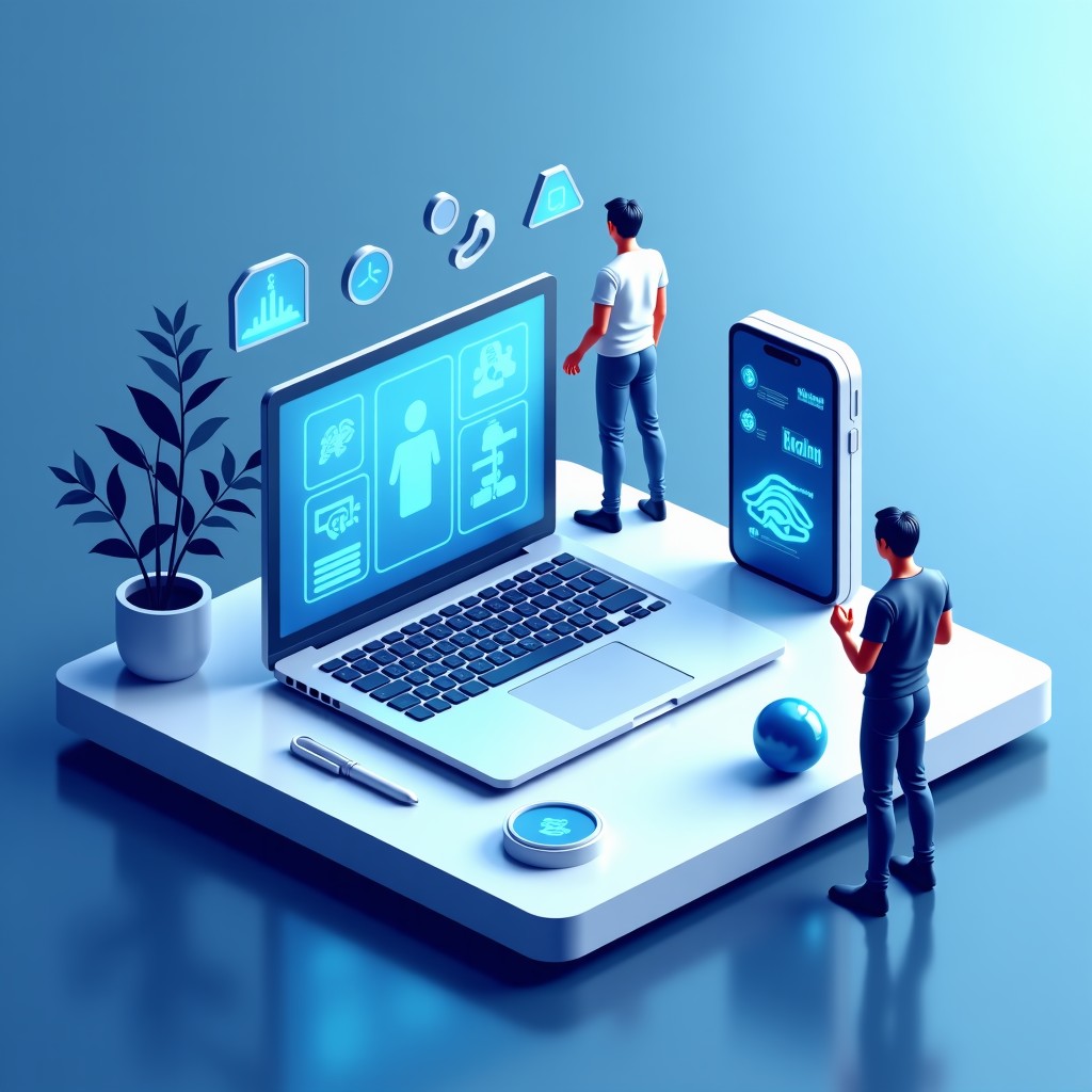 Conceptual illustration showing AI digital elements integrated with human work environment, futuristic and clean style, blue and white tones, 4:3