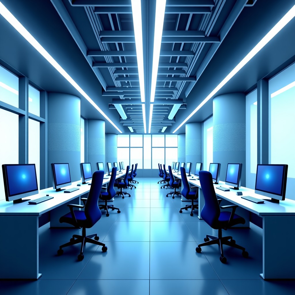 A conceptual illustration of a futuristic office with digital neural networks intertwined with human workspaces, minimalist high-tech aesthetic, cool blue and silver color palette, 4:3