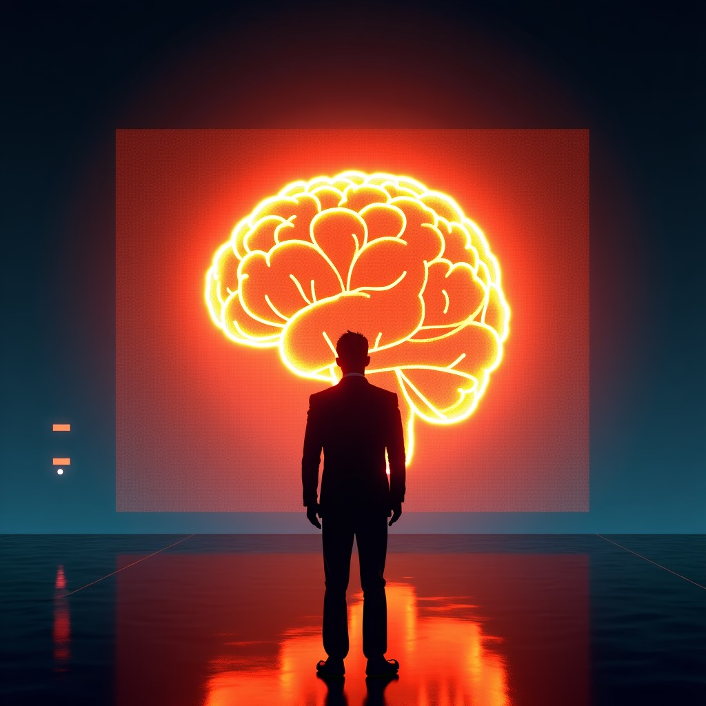 A symbolic representation of a political figure silhouette in front of a giant glowing digital neural network screen, high contrast, cinematic lighting, modern technology atmosphere, 4:3