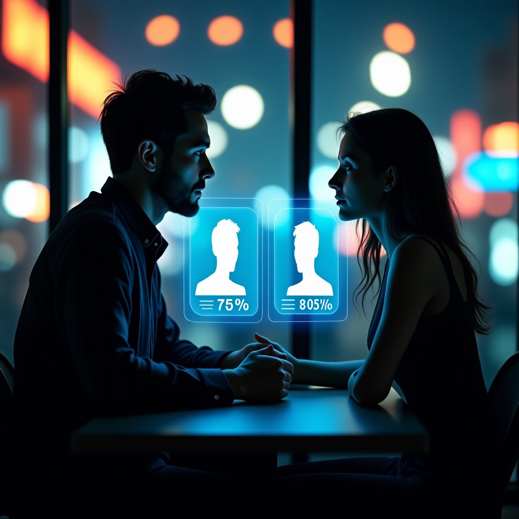 A futuristic and moody scene of a man and a woman sitting across from each other at a dimly lit modern cafe, their faces partially illuminated by glowing holographic profiles hovering between them. The holograms show data streams and compatibility percentages. The atmosphere is cinematic and slightly dystopian, high contrast, 4:3 aspect ratio.