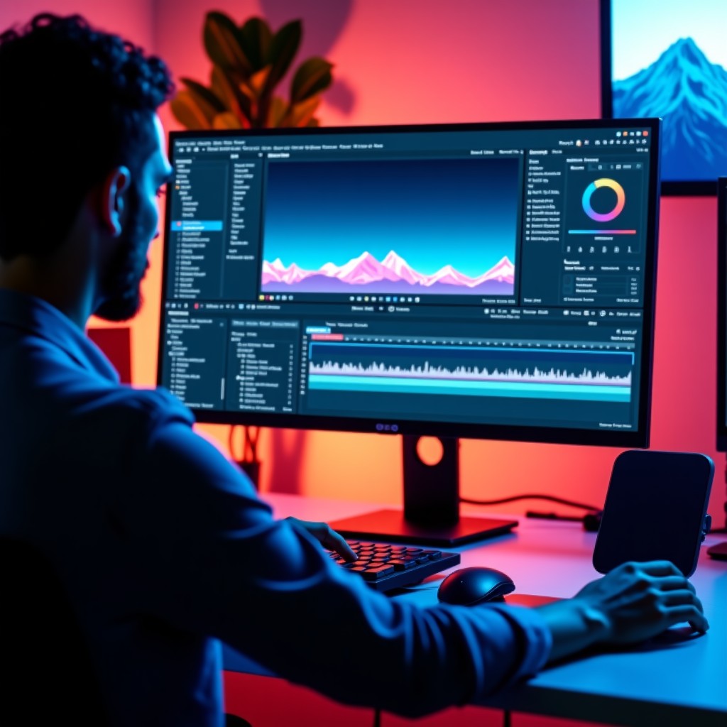 A modern workspace with a high-end computer screen showing a video editing interface with AI-powered waves and symbols, a creative professional person's hands are on the desk, cinematic lighting, sleek studio setup, 4:3