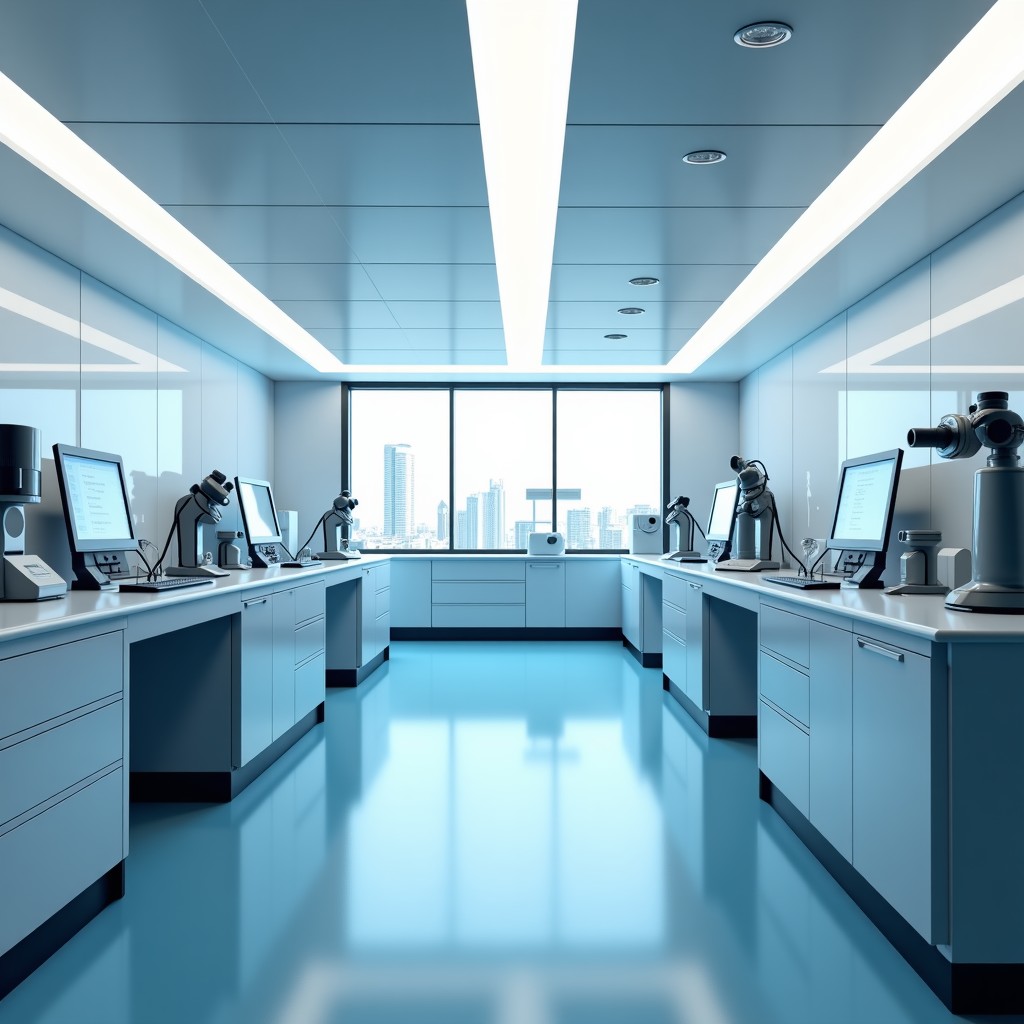 A futuristic medical laboratory with advanced AI systems and research equipment. A bright and hopeful atmosphere, clean lines, professional environment, realistic 3D rendering, 1:1