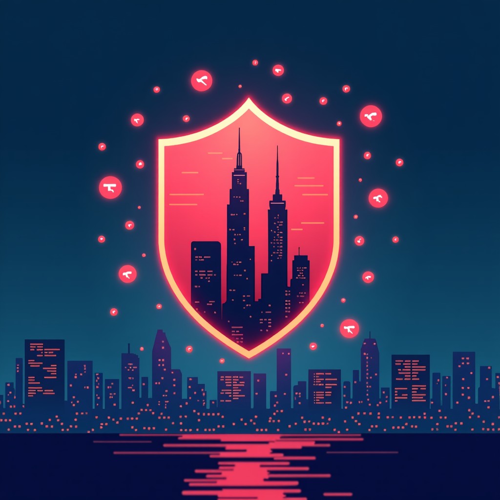 A conceptual illustration of an AI neural network forming a protective shield over a stylized city, blocking red surveillance icons and military symbols, clean modern digital art style, 4:3