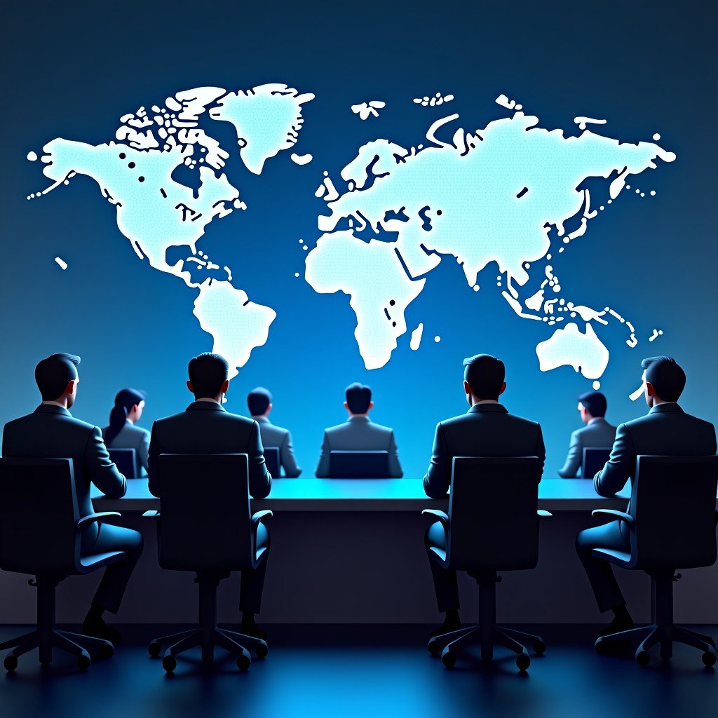 A detailed composition showing a group of diverse professionals in a high-tech boardroom, looking at a digital projection of a global network. Serious and focused expressions, representing the high stakes of AI policy decisions. 4:3