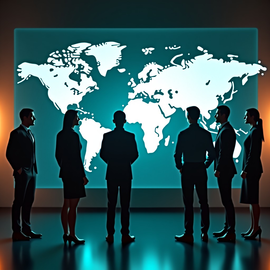 A group of diverse professional people looking at a large holographic display showing world connectivity and AI data flow. The scene is set in a modern high-tech laboratory with soft teal and orange lighting. Natural expressions and cinematic atmosphere. 4:3