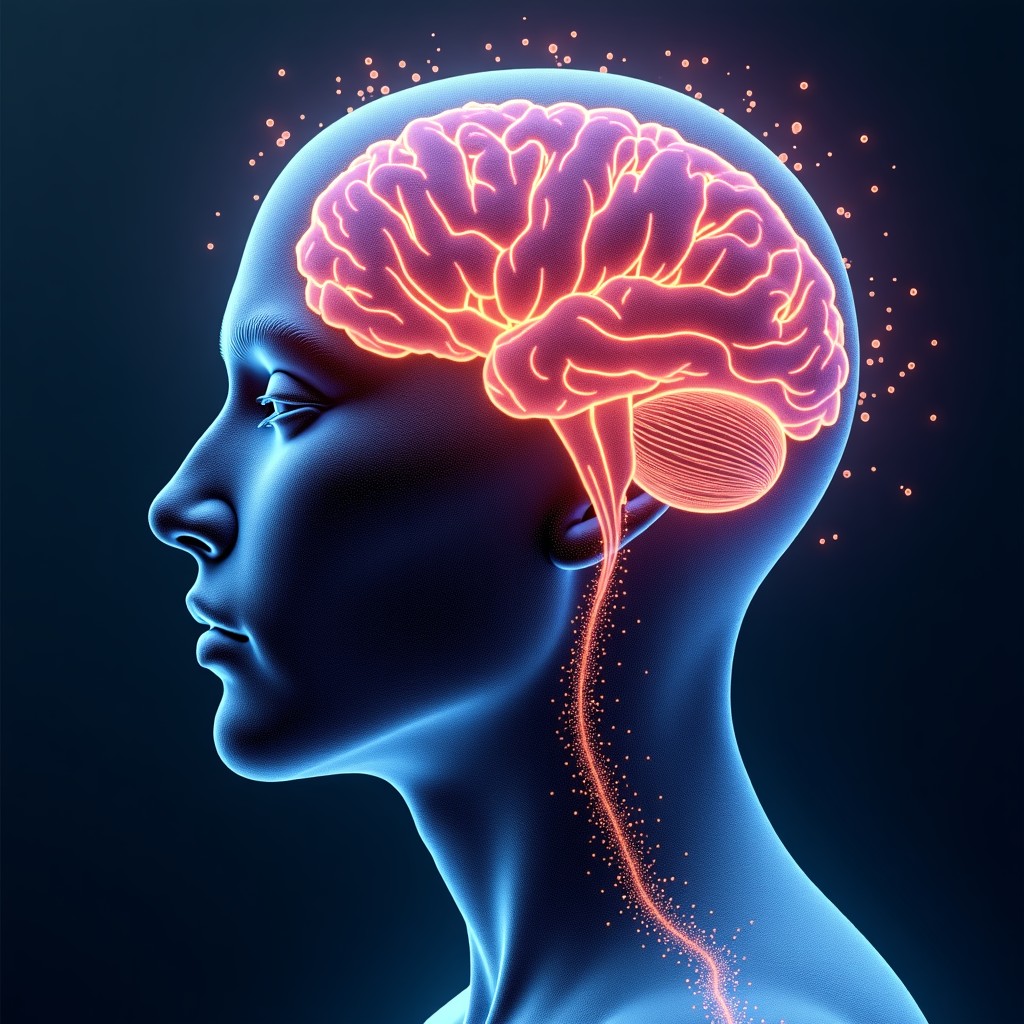 An abstract creative visualization of human imagination blending with digital neural networks and colorful particles. 4:3