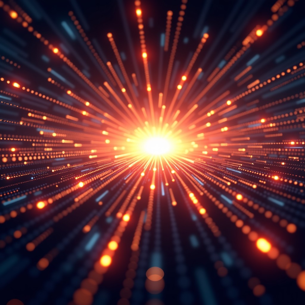 Abstract digital art representing artificial general intelligence glowing neural networks and binary codes converging into a bright light center artistic rendering 4:3