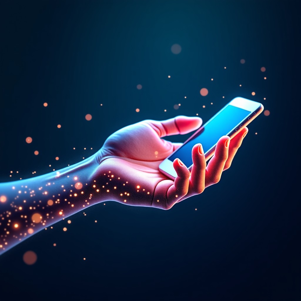 An artistic rendering of glowing neural networks and digital data streams forming a human-like hand holding a smartphone. The background is a deep navy blue with sparkling data points. Abstract and textured background, high-tech aesthetic, visually rich, 4:3.