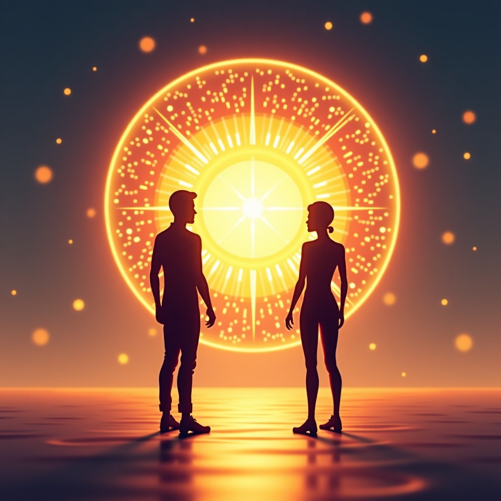Two futuristic digital figures looking at a large glowing data core, global connectivity patterns in the background, warm and bright lighting, 4:3