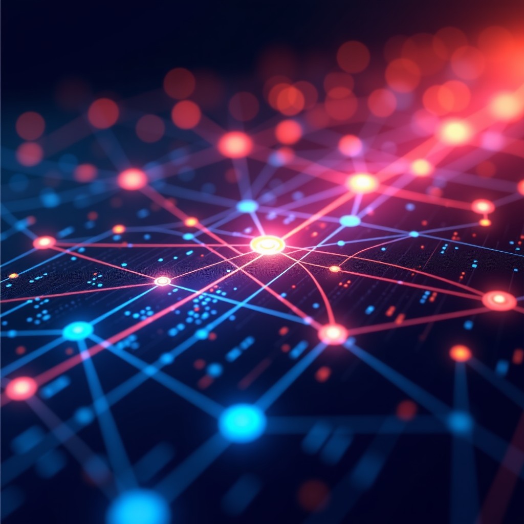 Abstract digital background showing glowing interconnected nodes and data streams. Futuristic and high-tech style, vibrant colors, wide composition. 4:3
