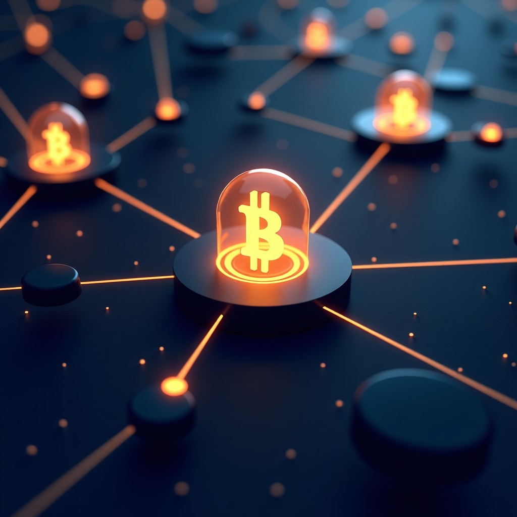 A professional digital illustration representing the intersection of artificial intelligence and digital marketing. Glowing neural network lines connecting to subtle floating icons of commerce and links. Dark navy and gold color palette. 1:1