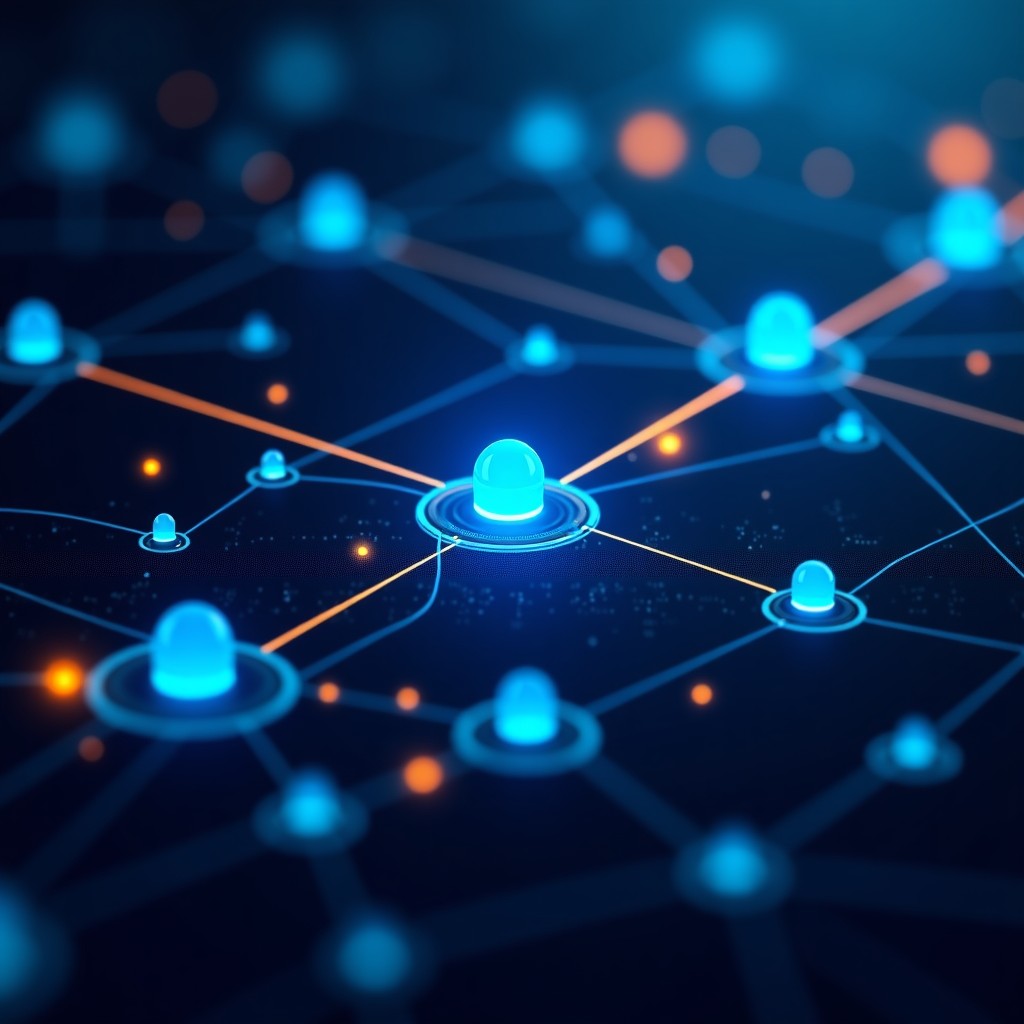 Abstract representation of digital trust and data integrity, glowing blue nodes connected by golden lines on a deep navy background, high contrast, cinematic lighting, 4:3