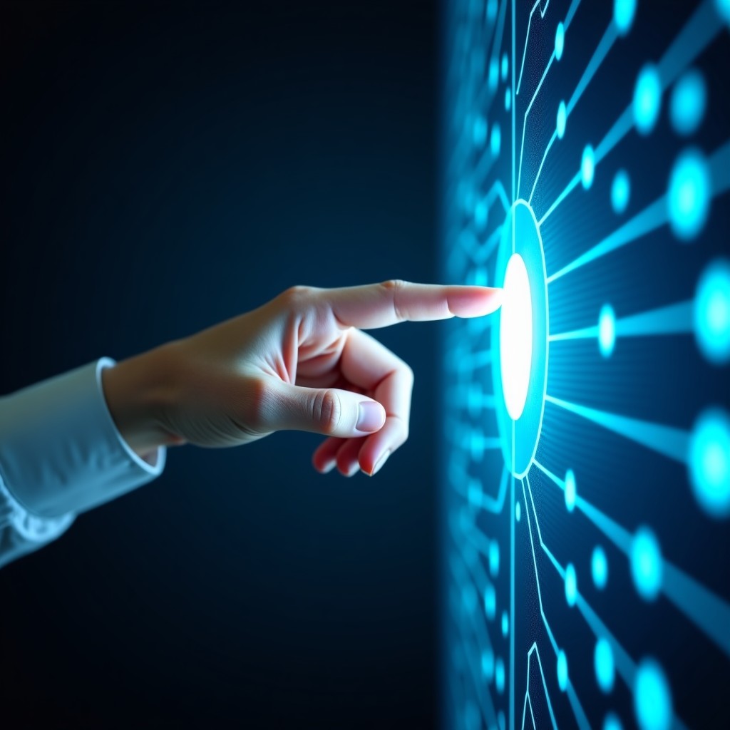 Conceptual image of AI technology glowing blue light, human hand reaching towards a digital interface, clean and modern aesthetic, high contrast, 4:3