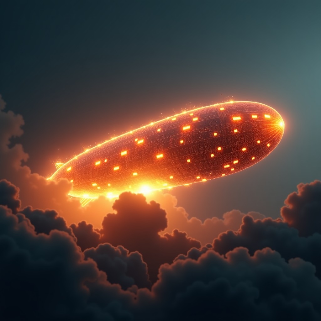 A dramatic artistic rendering of a futuristic giant airship made of glowing digital circuits catching fire in the sky, symbolizing the Hindenburg disaster in a digital age, dark moody atmosphere, high contrast, cinematic lighting, 4:3