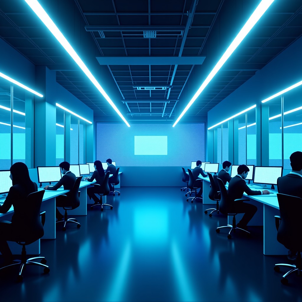 A modern high-tech office environment where digital AI neural networks and data nodes connect various workstations. The atmosphere is professional and futuristic with clean lines and soft blue ambient lighting. No text visible. 4:3