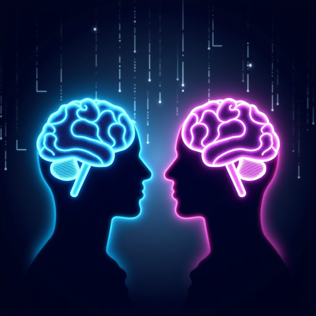 A professional and dramatic conceptual illustration of two glowing AI brain symbols clashing against each other on a dark digital grid background. One side is represented by blue energy and the other by purple energy. High contrast, modern tech aesthetic. No text. 4:3