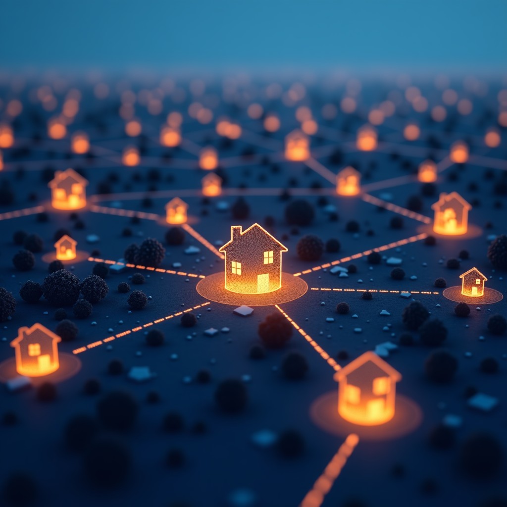 Conceptual illustration of a suburban neighborhood connected by glowing digital lines and nodes, abstract representation of AI analysis over house icons, dark blue and gold color palette, 4:3
